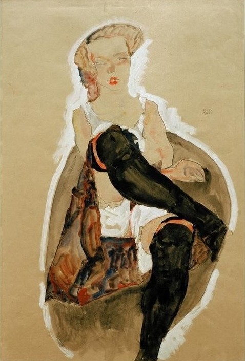 Egon Schiele, Mädchen mit übereinandergeschlagenen Beinen (Erotik,Frau,Schönheit,Expressionismus,Österreichische Kunst,Sexualität,Damenstrumpf,Junge Frau)