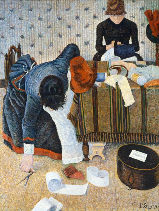 Paul Signac, The milliners (Frau,Hutmacher,Textil,Werkstatt (Allgemein),Hut,Tisch,Tischtuch,Schere,Hutschachtel,Frauenarbeit,Sitzen)