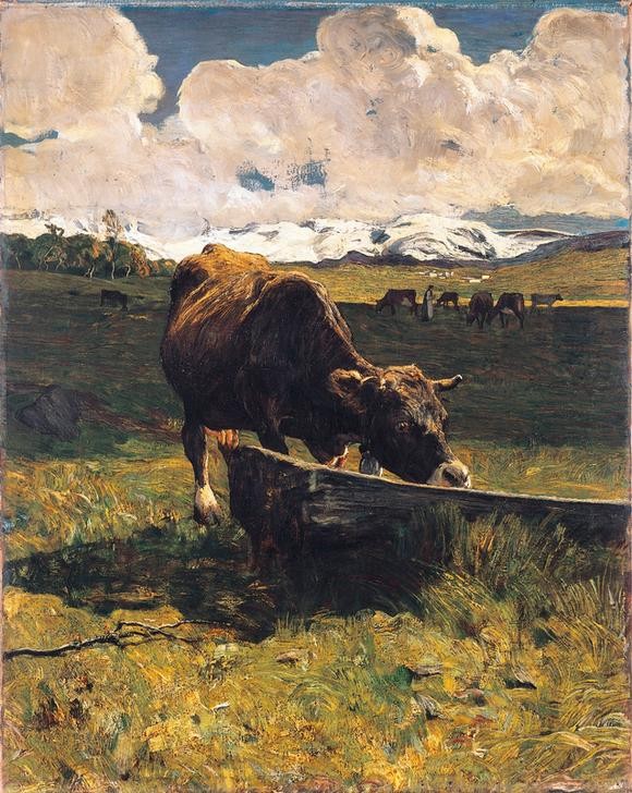 Giovanni Segantini, Brown cow at a trough (Weide, Berge, Himmel, Wolken, Landschaft, Kuh, Viehtränke, Realismus, Malerei, klassische Moderne, Wunschgröße, Wohnzimmer)