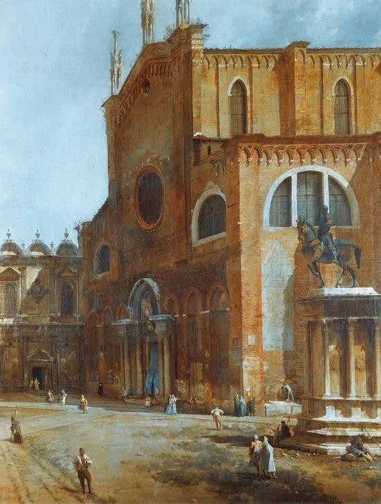 Giovanni Antonio Canaletto, Church of Saints John and Paul with the school of San Marco (Architektur, Wunschgröße, Kirche, Santi Giovanni e Paolo, Zanipolo, Dominikaner, Fassade, Reiterstandbild, Colleone, Verrocchio, Malerei, Venedig, Städte, Alltag, Italien, Klassiker, Wohnzimmer, bunt)