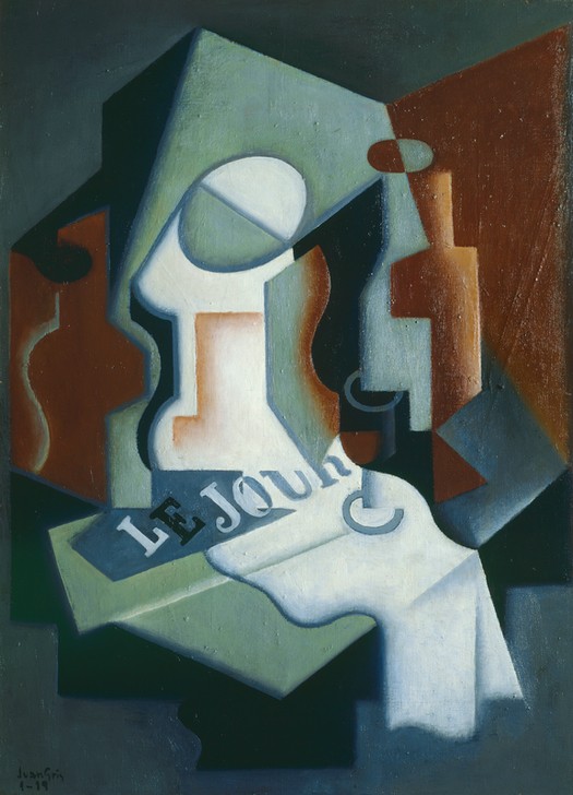 Juan Gris, Botella y Frutero (Flasche, Zeitung, Stillleben, geometrische Muster, Kubismus,  Klassische Moderne, Malerei, Wohnzimmer, Wunschgröße, bunt)