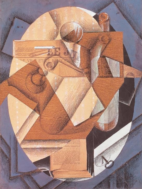 Juan Gris, Still life (Stillleben, Bücher, Pfeife, Zigarette, geometrische Muster, Kubismus,  Klassische Moderne, Malerei, Wohnzimmer, Wunschgröße, bunt)