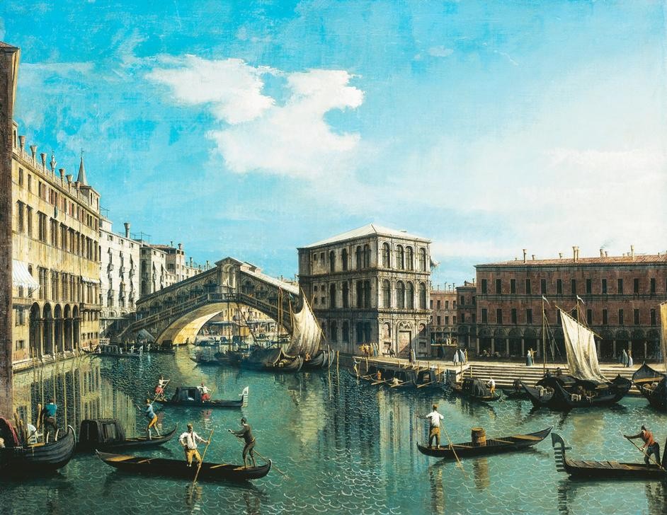 Giovanni Antonio Canaletto, The Rialto Bridge in Venice (Architektur, Wunschgröße, Malerei, Venedig, Städte, Lagune, Canal Grande, Brücke, Rialto, Paläste, Boote, Alltag, Italien, Klassiker, Wohnzimmer, bunt)