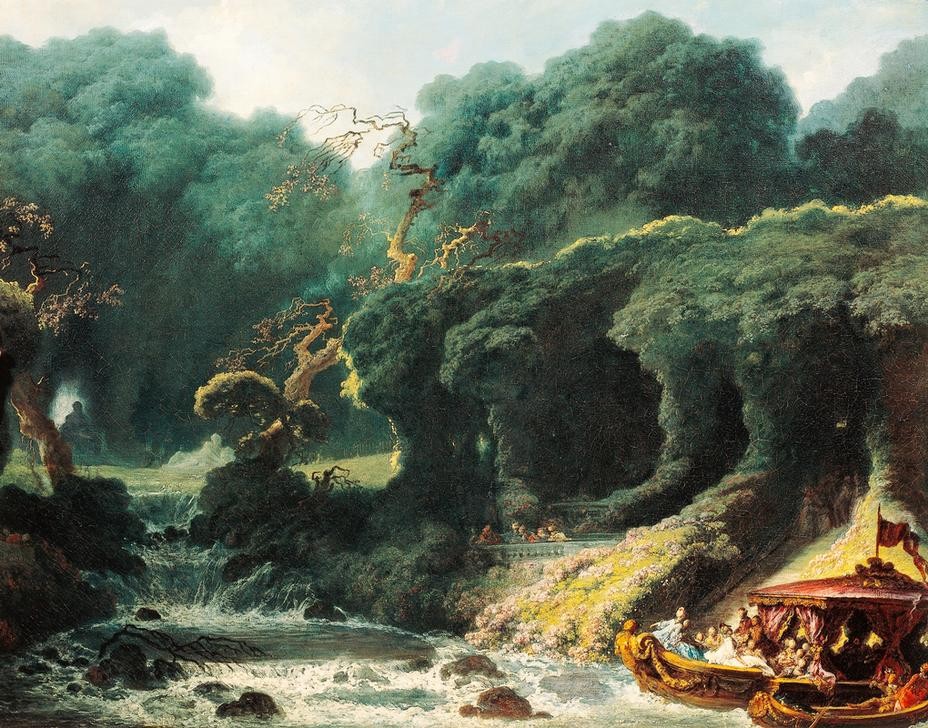 Jean-Honoré Fragonard, The island of Love (Insel, Fluss, Boote,Bäume, Park, Liebesinsel,Treppenhaus, Wohnzimmer, Rokoko, Klassiker, Wunschgröße, Malerei, bunt)