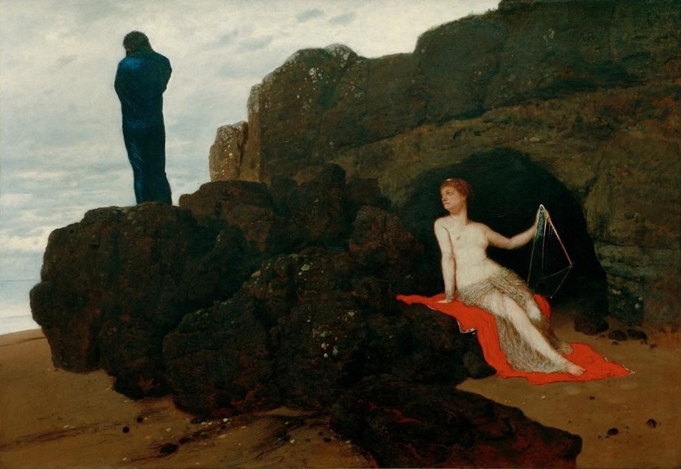 Arnold Böcklin, Odysseus und Kalypso (Mythologie, Odysseus, Calypso, göttin, gefangenschaft, Heimweh, Sehnsucht, Symbolismus, Wunschgröße, Klassiker, Wohnzimmer, bunt)