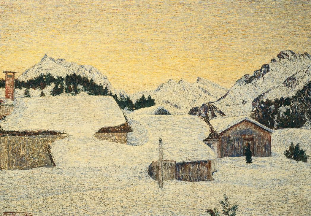 Giovanni Segantini, Chalets in the Snow (Bauernhof, Winter, Schnee, Berge, Gebirge, Einsamkeit, Divisionismus, Malerei,  klassische Moderne, Wunschgröße, Wohnzimmer)