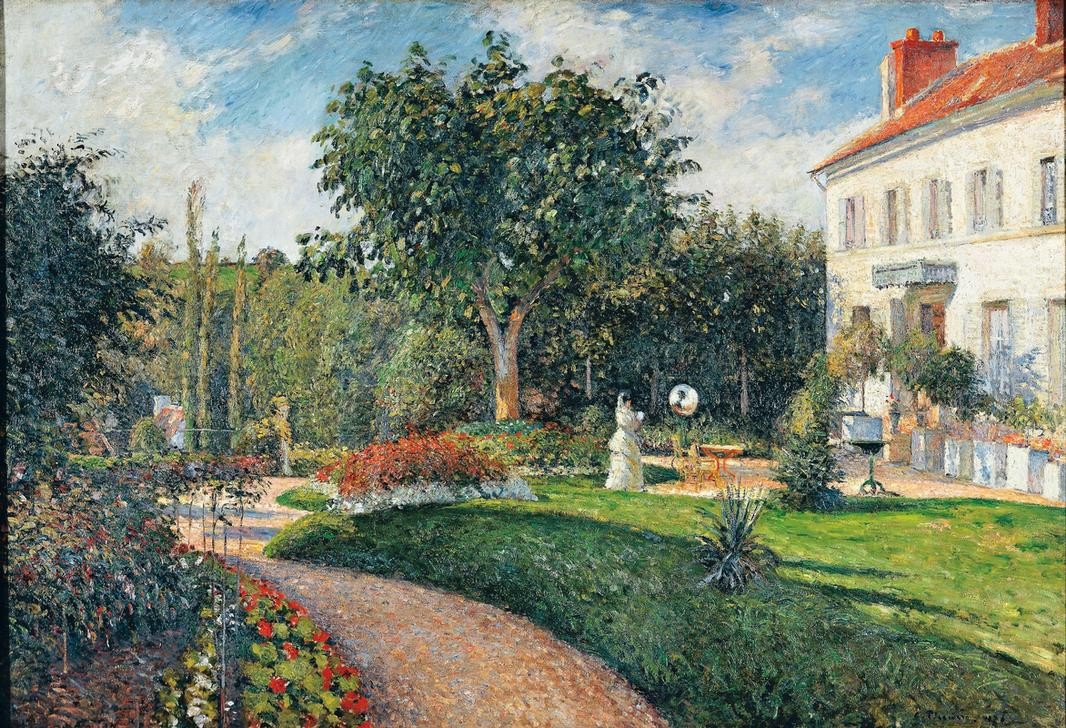 Camille Pissarro, The Garden of les Mathurins at Pontoise (Impressionismus,Baum,Tag,Kleid,Gehen,Horizontale)