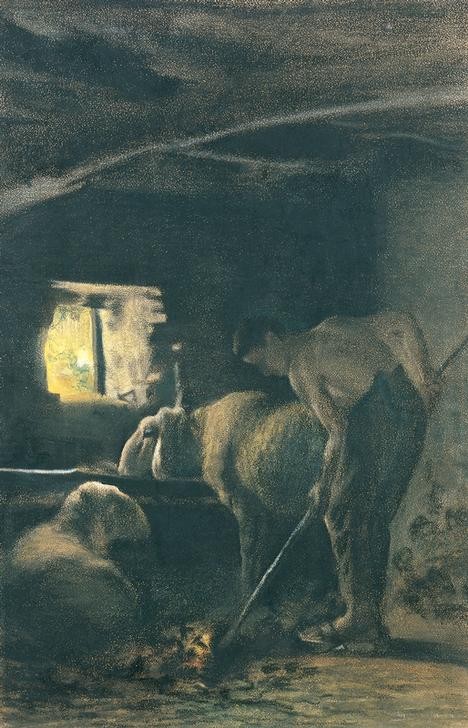 Giovanni Segantini, n the stable (Stall, ausmisten, Schafe, Bauer, Knecht, Landarbeit, Landwirtschaft,  Realismus, Malerei, klassische Moderne, Wunschgröße, Wohnzimmer)