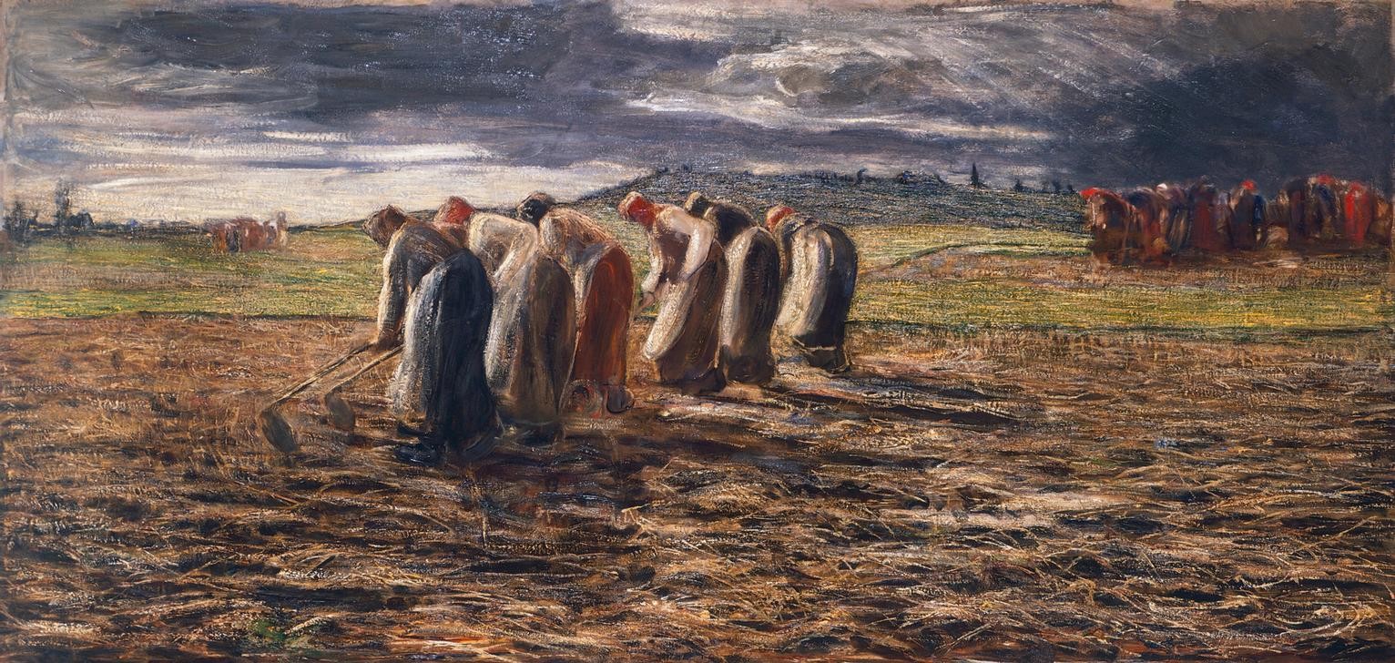 Giovanni Segantini, The Potato Harvest (Felder, Feldarbeit, Frauen, Kartoffelernte, Landarbeit, Herbst, Realismus, Malerei, klassische Moderne, Wunschgröße, Wohnzimmer)