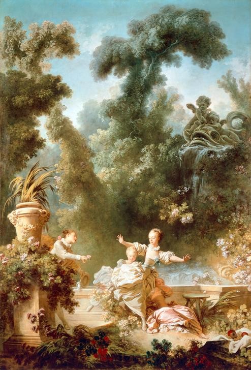 Jean-Honoré Fragonard, The progress of love, the Chase (Park, Verfolgungsjagd, junger Mann, Flirt, junge Frauen, Aristokratie, Werben, Treppenhaus, Wohnzimmer, Rokoko, Klassiker, Wunschgröße, Malerei, bunt)