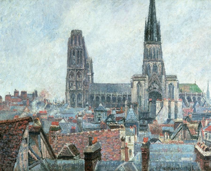 Camille Pissarro, The roofs of Old Rouen: Grey Weather  (Architektur,Dom,Turm,Impressionismus,Tag,Horizontale)