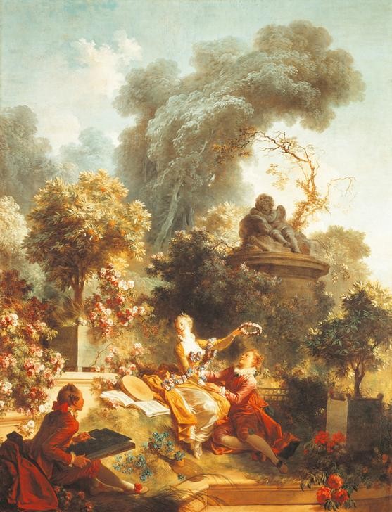 Jean-Honoré Fragonard, The lover crowned with flowers (Liebe, Romanze, Park, Garten, Aristokratie, Sommer, Werben, Liebhaber, Treppenhaus, Wohnzimmer, Rokoko, Klassiker, Wunschgröße, Malerei, bunt)