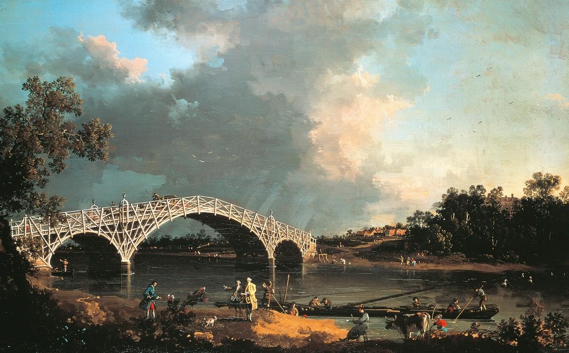 Giovanni Antonio Canaletto, Old Walton Bridge over the Thames (Architektur, Fluss, Themse, England, Brücke, Brückenbau, Gerüst, Landschaftsmalerei, Wunschgröße, Malerei,  Klassiker, Wohnzimmer, bunt)