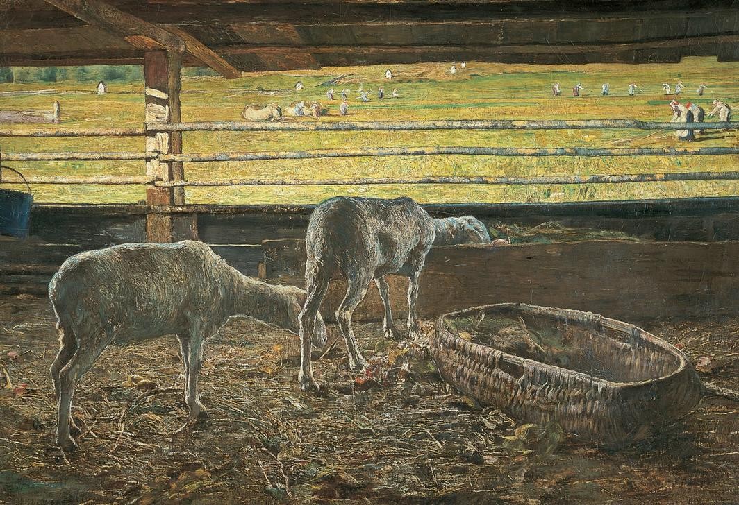 Giovanni Segantini, Contrast of light (Stall, Schafe, Fütterung, Hell-Dunkel-Kontrast, Landleben,  Realismus, Malerei, klassische Moderne, Wunschgröße, Wohnzimmer)