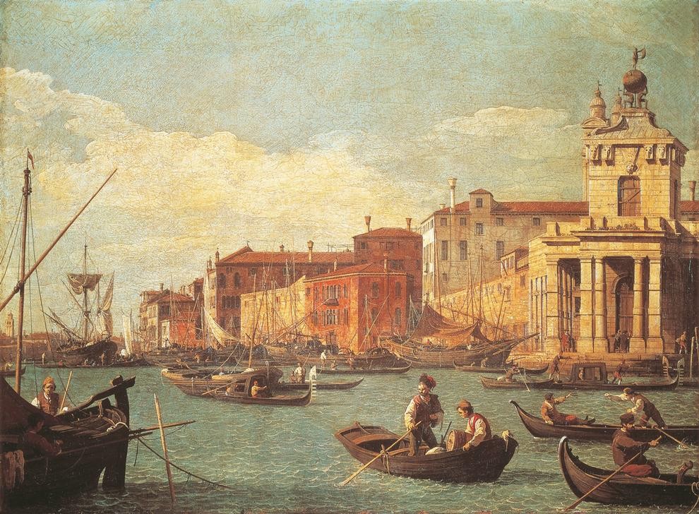 Giovanni Antonio Canaletto, The Custom House and the Giudecca Canal (Architektur, Wunschgröße, Panorama, Malerei, Venedig, Städte, Lagune, Zollhaus,  Vedute, Gondeln, Boote, Alltag, Italien, Klassiker, Wohnzimmer, bunt)