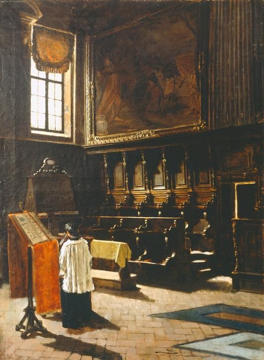 Giovanni Segantini, The choir of the church of St. Anthony in Milan (Architektur,  Kirche, Interieur, Chorgestühl, Sankt Antonius Kirche, Mailand, Messdiener,  Realismus, Malerei, klassische Moderne, Wunschgröße, Wohnzimmer)