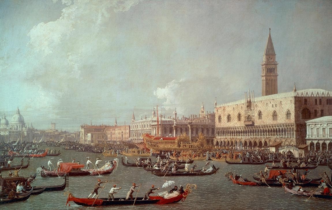 Giovanni Antonio Canaletto, Bucintoro at the Molo on Ascension Day (Architektur, Wunschgröße, Panorama, Malerei, Venedig, Städte, Lagune, Dogenpalast, Campanile, Vedute, Gondeln, Boote, Alltag, Italien, Klassiker, Wohnzimmer, bunt)