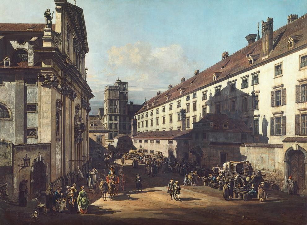 Bernardo Bellotto, The Dominican Church in Vienna (Dominikaner Kirche, Wien, Architektur, Gebäude, Vedute, mittelalterliche Stadt,  historisch, Malerei, Wohnzimmer, Wunschgröße, Klassiker, bunt)