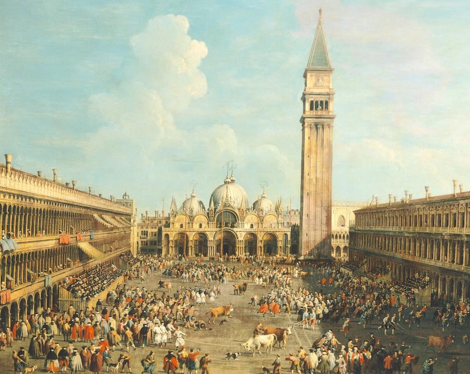 Giovanni Antonio Canaletto, Bullfighting or Bull hunting in Piazza San Marco (Architektur, Markusplatz, Campanile, Prokuratien, San Marco, Kirche, Fest, Veanstaltung, Stierhatz, Wunschgröße, Malerei, Venedig, Städte, Italien, Klassiker, Wohnzimmer, bunt)