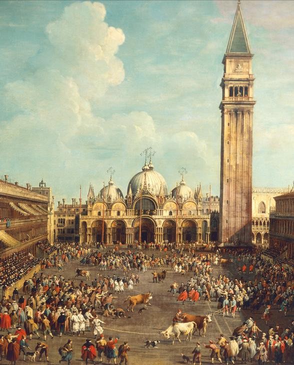 Giovanni Antonio Canaletto, Bullfighting or Bull hunting in Piazza San Marco (Architektur, Markusplatz, Campanile, Prokuratien, San Marco, Kirche, Fest, Veanstaltung, Stierhatz, Wunschgröße, Malerei, Venedig, Städte, Italien, Klassiker, Wohnzimmer, bunt)