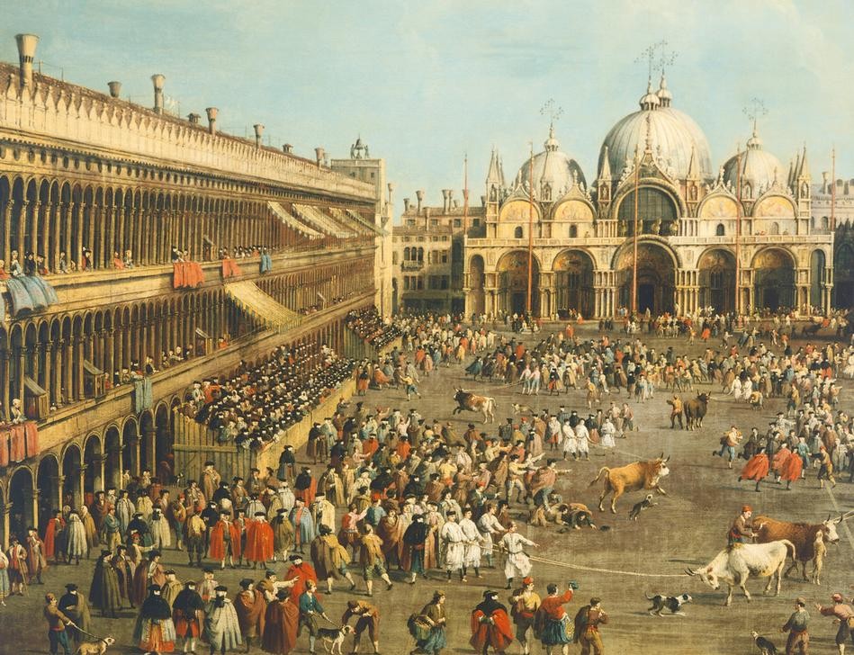 Giovanni Antonio Canaletto, Bullfighting or Bull hunting in Piazza San Marco (Architektur, Markusplatz, Campanile, Prokuratien, San Marco, Kirche, Fest, Veanstaltung, Stierhatz, Wunschgröße, Malerei, Venedig, Städte, Italien, Klassiker, Wohnzimmer, bunt)