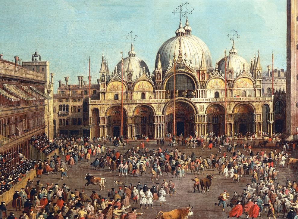 Giovanni Antonio Canaletto, Bullfighting or Bull hunting in Piazza San Marco (Architektur, Markusplatz, Campanile, Prokuratien, San Marco, Kirche, Fest, Veanstaltung, Stierhatz, Wunschgröße, Malerei, Venedig, Städte, Italien, Klassiker, Wohnzimmer, bunt)