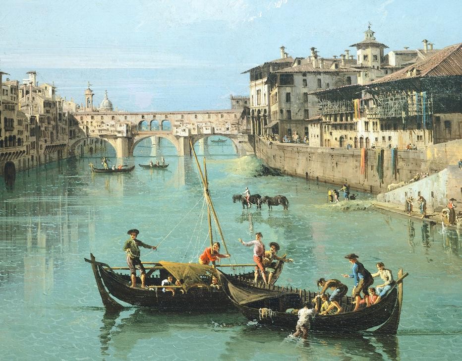 Bernardo Bellotto, The Arno River and the Ponte Vecchio in Florence (Städte, Florenz, Italien, Fluss, Arno, Brücke, Wäscherinnen, Alltag, mittelalterliche Stadt, historisch, Malerei, Wohnzimmer, Wunschgröße, Klassiker, bunt)
