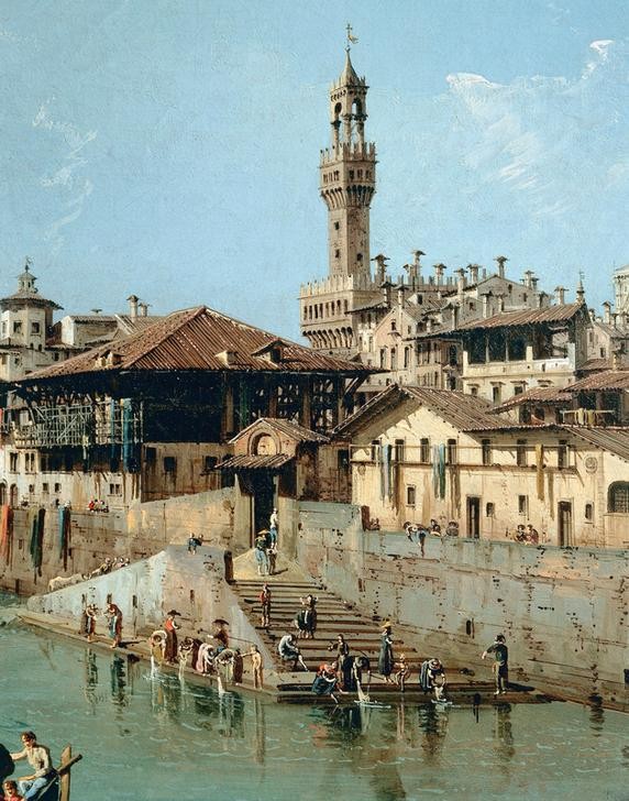 Bernardo Bellotto, The Arno River and the Ponte Vecchio in Florence (Städte, Florenz, Italien, Fluss, Arno, Wäscherinnen, Alltag, mittelalterliche Stadt, Palast, Palazzo della Signoria, historisch, Malerei, Wohnzimmer, Wunschgröße, Klassiker, bunt)