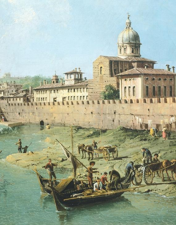 Bernardo Bellotto, View of the Arno from Vaga Loggia in Florence (Städte, Florenz, Italien, Fluss, Arno, Wäscherinnen, Fuhrwerk, Boot, Stadtmauer, Alltag, mittelalterliche Stadt, historisch, Malerei, Wohnzimmer, Wunschgröße, Klassiker, bunt)