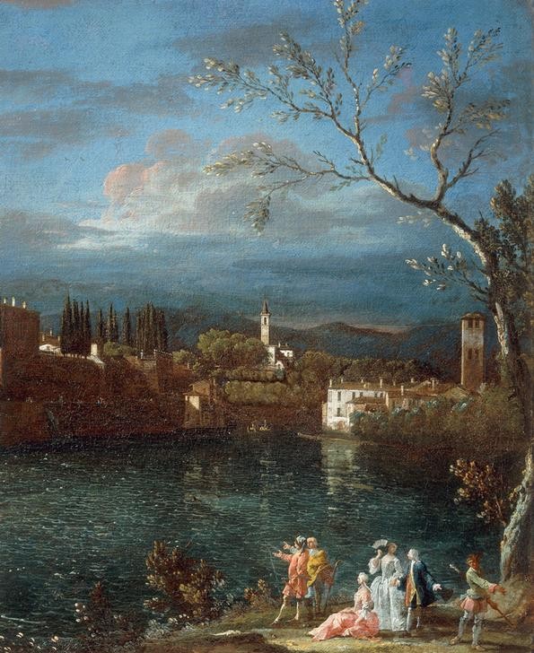 Bernardo Bellotto, View of Vaprio d’Adda and Canonica d’Adda to the north-east (Landschaft, Landschaftsmalerei, Vedute, mittelalterliche Stadt, Fluss, Adda, Rokoko, Malerei, Wohnzimmer, Wunschgröße, Klassiker, bunt)