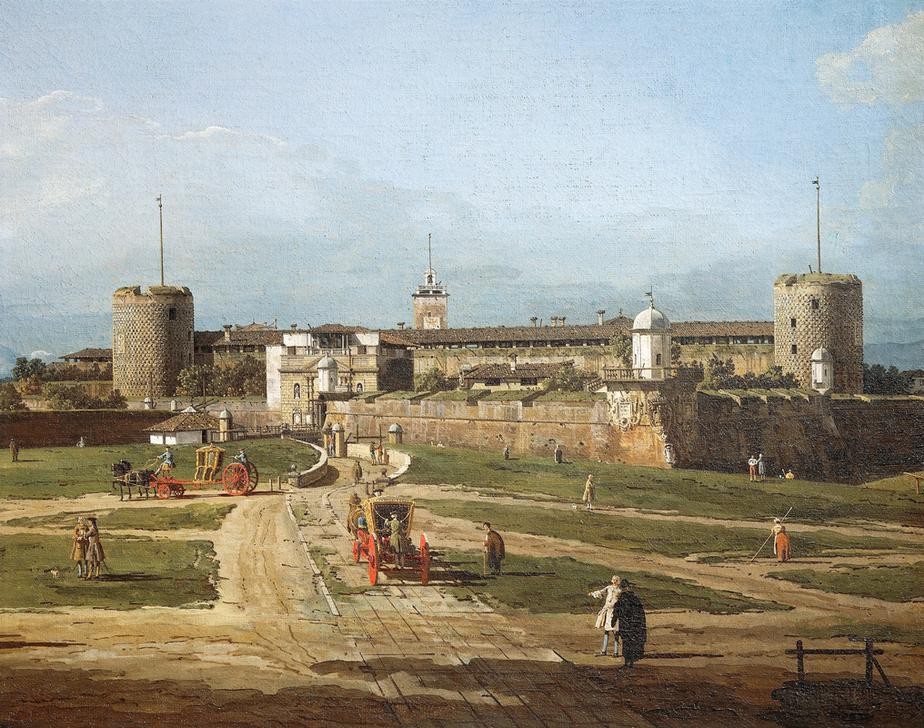 Bernardo Bellotto, Sforzesco Castle in Milan (Burg, Kastell, Sforza, Mailand, landschaft, Architektur, Gebäude, Rokoko, historisch, Malerei, Wohnzimmer, Wunschgröße, Klassiker, bunt)