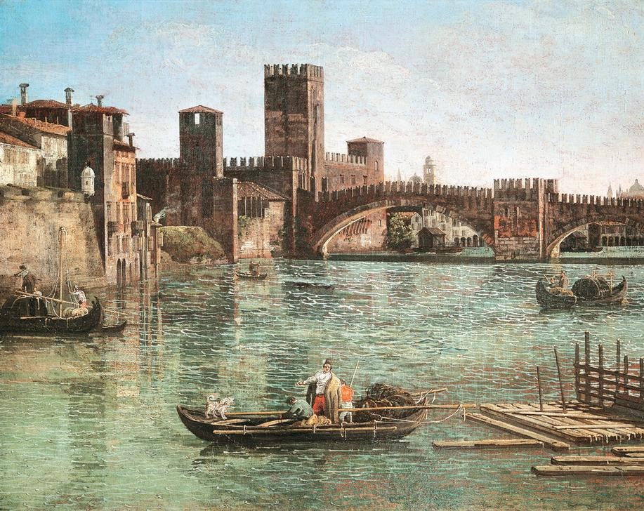 Bernardo Bellotto, View of Verona with Old Castle and Scaligero Bridge (Verona, Italien, Burg, Castell Vecchio, Scaliger-Brücke, Architektur, Gebäude, Vedute, mittelalterliche Stadt, Fluss, Etsch, Boote, historisch, Malerei, Wohnzimmer, Wunschgröße, Klassiker, bunt)