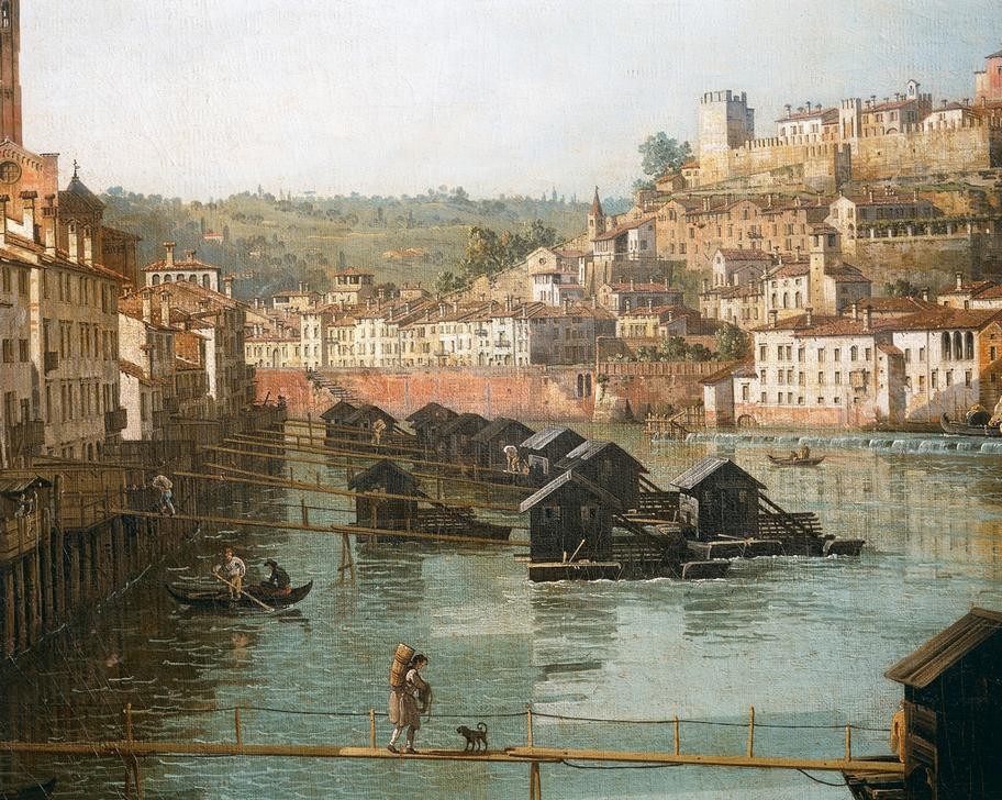 Bernardo Bellotto, View of Verona with the Adige River looking towards Castel San Pietro (Verona, Italien, Burg, Castell San Pietro, Architektur, Gebäude, Vedute, Umschlagplätze, Ware, mittelalterliche Stadt, Fluss, Etsch, Boote, Treckschute, historisch, Malerei, Wohnzimmer, Wunschgröße, Klassiker, bunt)
