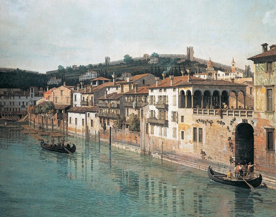 Bernardo Bellotto, View of Verona with the Adige River looking towards Castel San Pietro (Verona, Italien, Burg, Castell San Pietro, Architektur, Gebäude, Vedute, Uferweg, mittelalterliche Stadt, Fluss, Etsch, Boote, Treckschute, historisch, Malerei, Wohnzimmer, Wunschgröße, Klassiker, bunt)