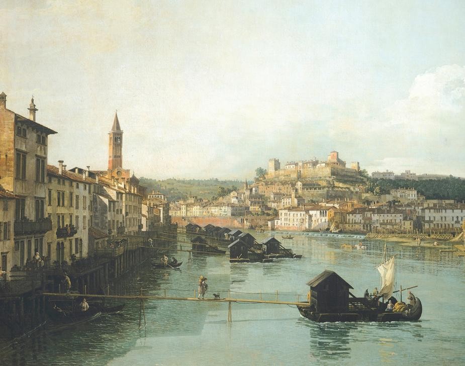 Bernardo Bellotto, View of Verona with the Adige River looking towards Castel San Pietro (Verona, Italien, Burg, Castell San Pietro, Architektur, Gebäude, Vedute, Umschlagplätze, Ware, mittelalterliche Stadt, Fluss, Etsch, Boote, Treckschute, historisch, Malerei, Wohnzimmer, Wunschgröße, Klassiker, bunt)