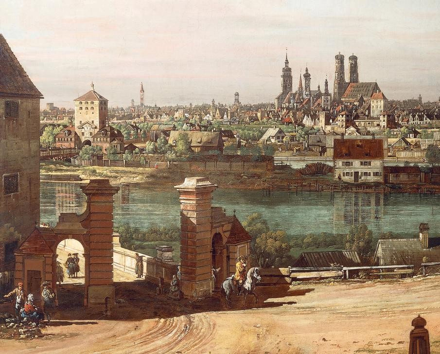 Bernardo Bellotto, View of Monaco from Haidhausen with the river Isar in the centre (München Städte, Stadtansicht, Isar, Fluss, Frauenkirche, Türme, historisch, Malerei, Wohnzimmer, Wunschgröße, Klassiker, bunt)