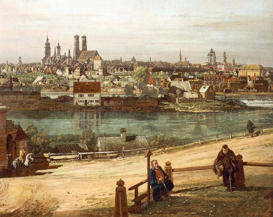 Bernardo Bellotto, View of Monaco from Haidhausen with the river Isar in the centre (München Städte, Vedute, Stadtansicht, Isar, Fluss, Frauenkirche, Türme, historisch, Malerei, Wohnzimmer, Wunschgröße, Klassiker, bunt)