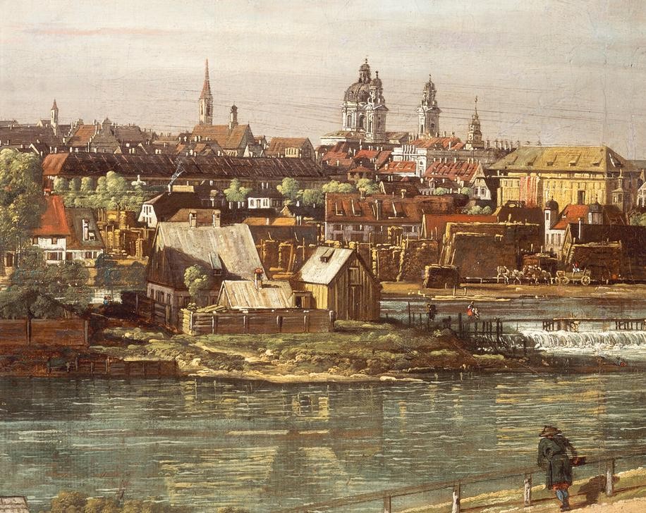 Bernardo Bellotto, View of Monaco from the east (München Städte, Vedute, Stadtansicht, Isar, Fluss, Kirchen, Türme, historisch, Malerei, Wohnzimmer, Wunschgröße, Klassiker, bunt)