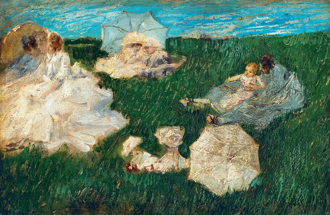 Gaetano Previati, Woman with children in the garden (Hausgarten, Wiese, Gras, Sonnentag, Idylle, Sitzende Frauen, Kinder, Wunschgröße, Postimpressionismus, Wohnzimmer)