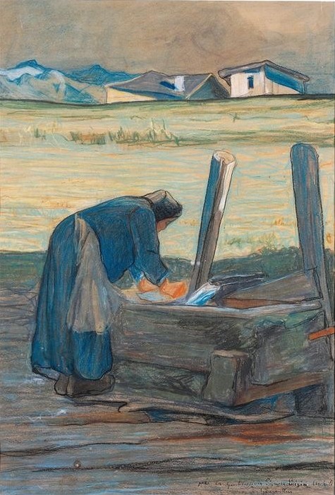 Giovanni Segantini, The washer at the fountain (Bäuerin, Wäscherin, Waschplatz, Trog, Dorf, Landschaft, Landarbeit, Realismus, Malerei, klassische Moderne, Wunschgröße, Wohnzimmer)