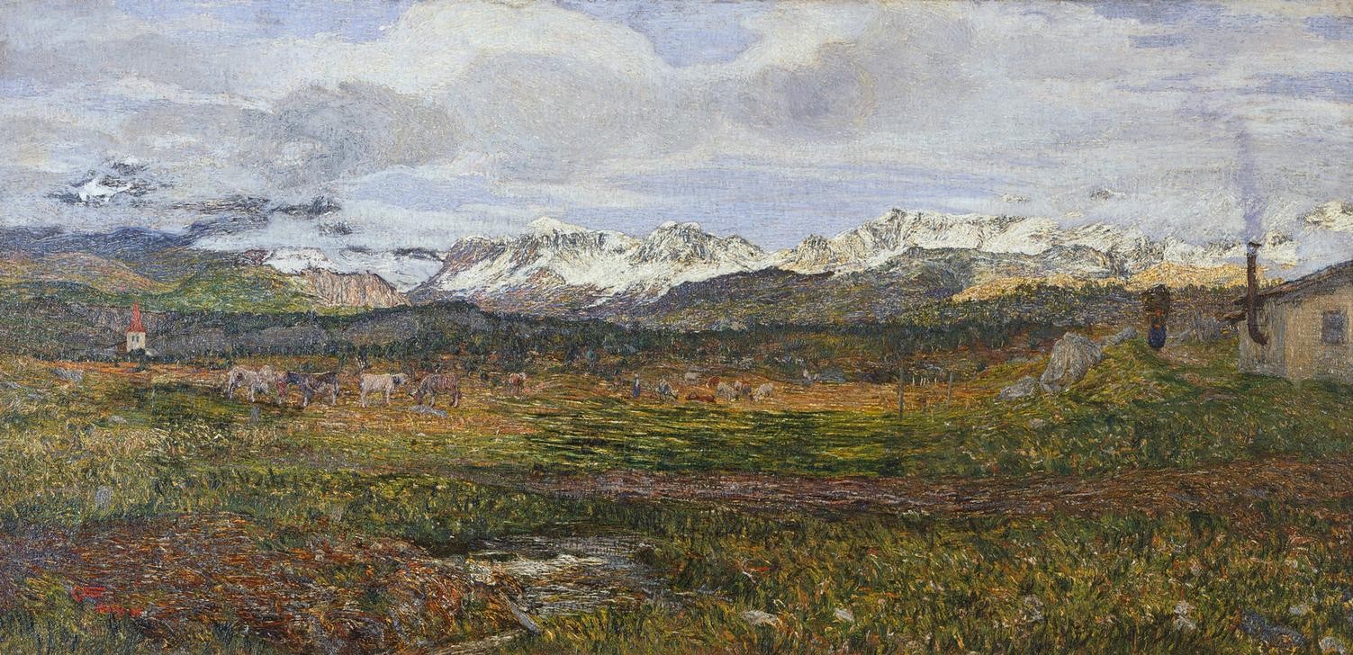 Giovanni Segantini, Landscape on the Maloja or Return to his hometown (Landschaften, Berge, Panorama, Wiesen, Viehherde, Heimweg,  Realismus, Malerei, klassische Moderne, Wunschgröße, Wohnzimmer)