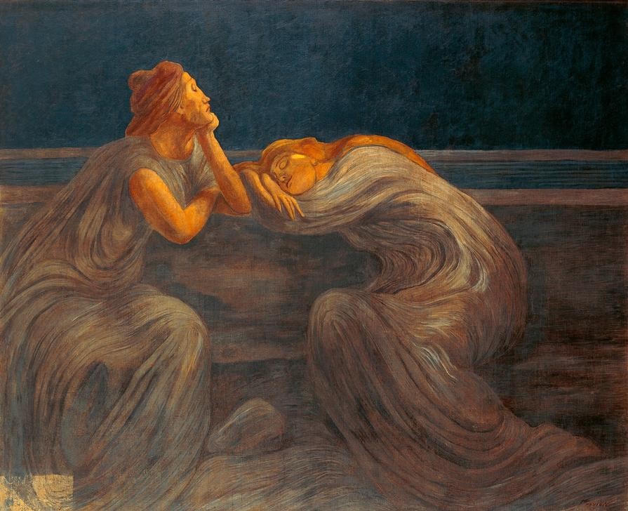 Gaetano Previati , Nocturne (Schlafendes Paar, Mondlicht, Nachtszene, Symbolismus, Malerei, Klassische Moderne, Wunschgröße, Wohnzimmer, Schlafzimmer)