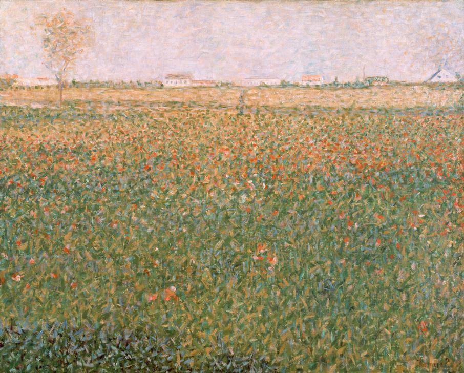 Georges Seurat, Plain with houses in Saint-Denis (Haus,Sommer,Baum,Wiese,Tag,Blume,Blüte,Postimpressionismus,Horizontale)