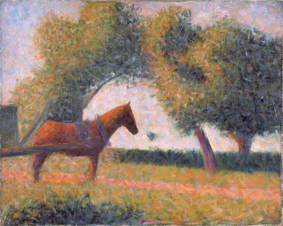 Georges Seurat, Horse and wagon (Pferd (Tier),Baum,Wiese,Fussweg,Tag,Postimpressionismus,Horizontale)