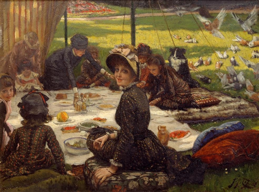 James Tissot (Jacques-Joseph), Lunch on the lawn (Essen Und Trinken,Kunst,Vogel,Hund,Mittagessen,Tag,Sitzen,Horizontale)