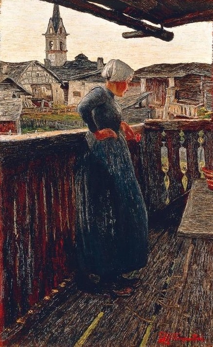Giovanni Segantini, On the balcony (Landleben, Genre, Bauernhaus, Balkon, Dorf, junge Frau, rustikal, Realismus, Malerei, klassische Moderne, Wunschgröße, Wohnzimmer)