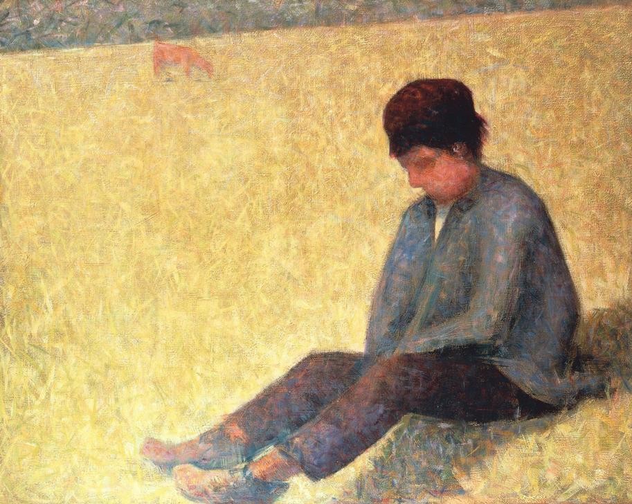 Georges Seurat, Boy sitting in a meadow (Sommer,Wiese,Tag,Sonnenlicht,Jacke,Postimpressionismus,Horizontale)
