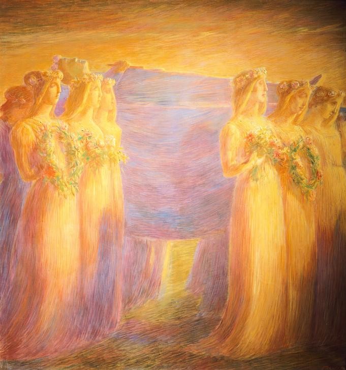 Gaetano Previati, Funeral of a virgin (Prozession, Jungfauen, blumenkränze, Tod, Erleuchtung, Symbolismus, Malerei, Klassische Moderne, Wunschgröße, Wohnzimmer,)