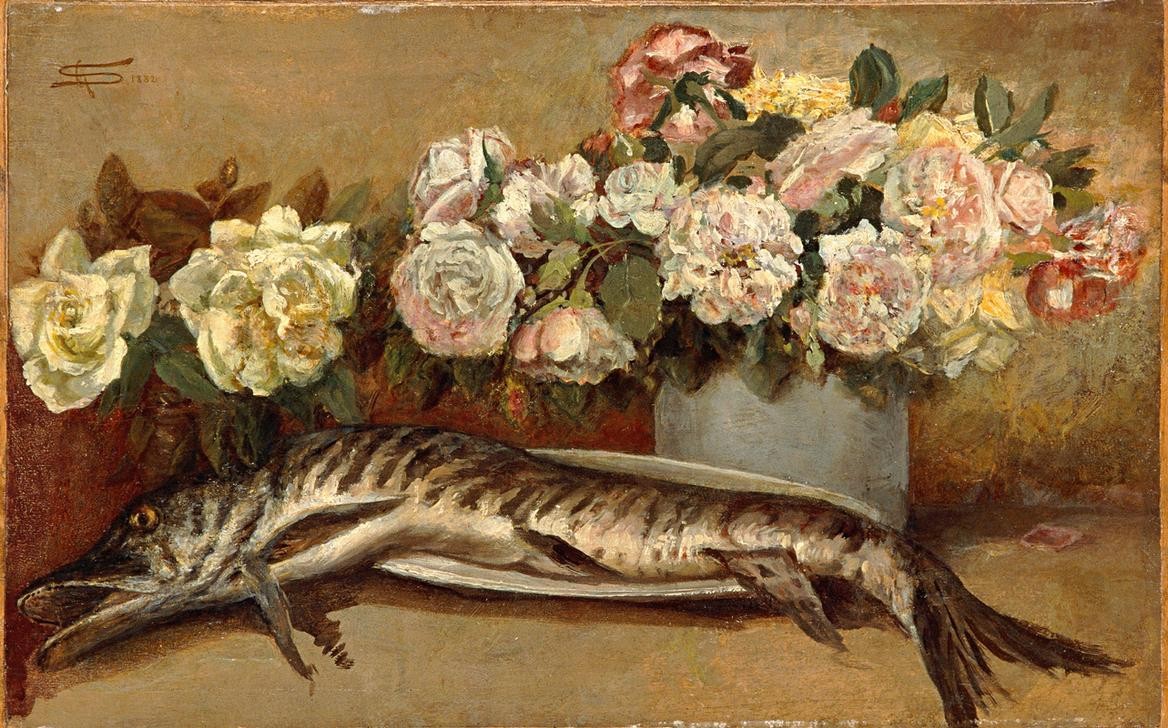 Giovanni Segantini, Still life with flowers and fish or Pike and roses (Stillleben, Blumen, Rosen, Fisch, Hecht, Vanitas, Vergänglichkeit,  Realismus, Malerei, klassische Moderne, Wunschgröße, Wohnzimmer)
