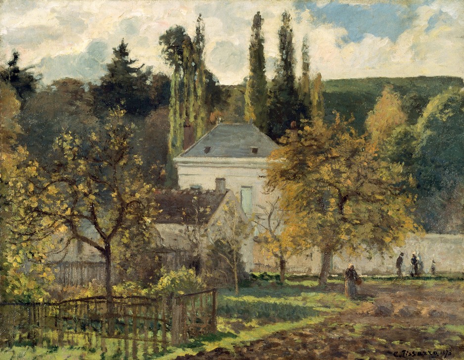 Camille Pissarro, Maison Bourgeoise at Hermitage (Architektur,Geschichte,Impressionismus,Baum,Einsiedelei,Tag,Feld,Horizontale)
